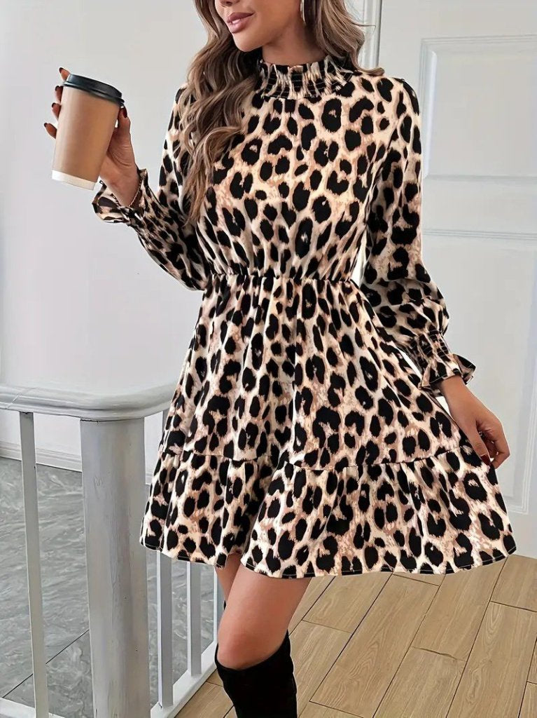 Kadın Uzun Kollu Yarı Balıkçı Yaka Leopar Desenli Modal Mini Elbise , 29394