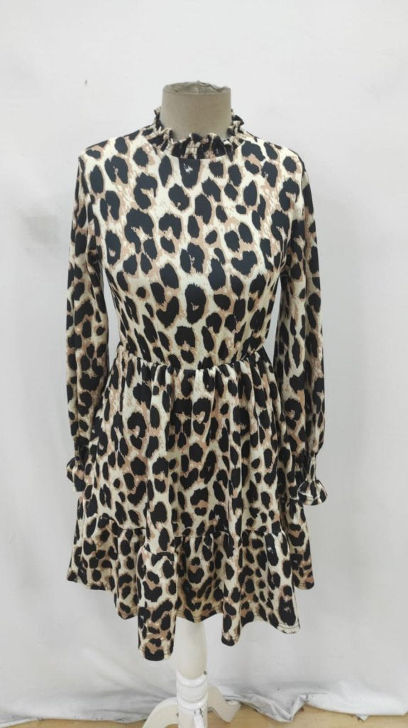 Kadın Uzun Kollu Yarı Balıkçı Yaka Leopar Desenli Modal Mini Elbise , 29394