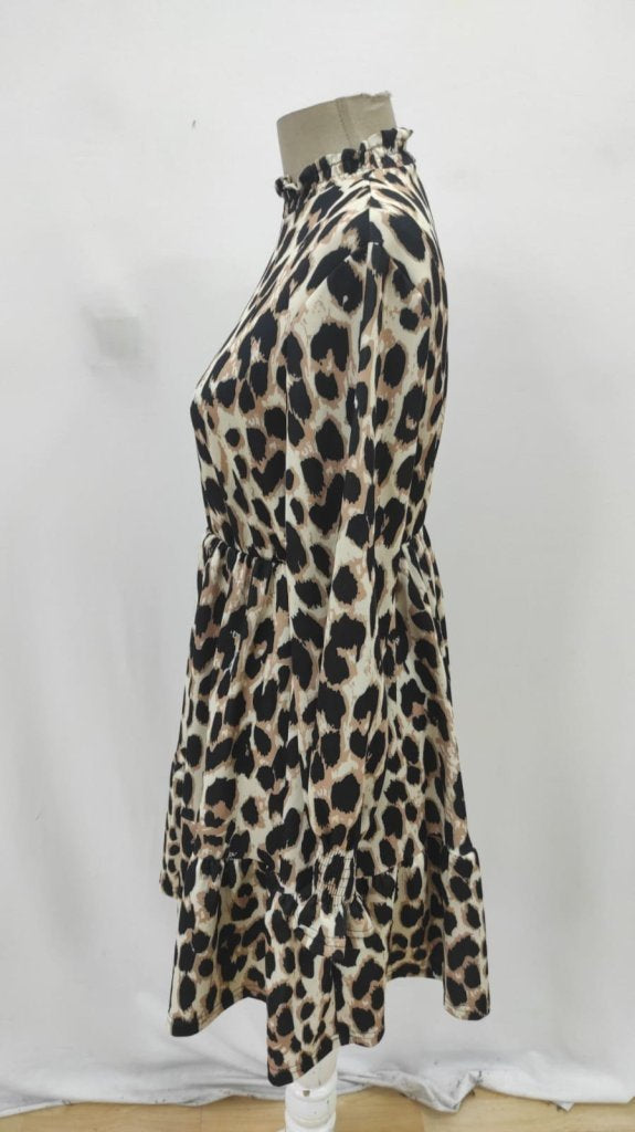 Kadın Uzun Kollu Yarı Balıkçı Yaka Leopar Desenli Modal Mini Elbise , 29394