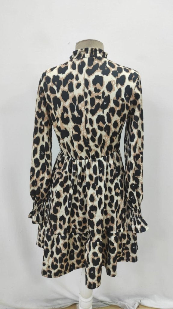 Kadın Uzun Kollu Yarı Balıkçı Yaka Leopar Desenli Modal Mini Elbise , 29394
