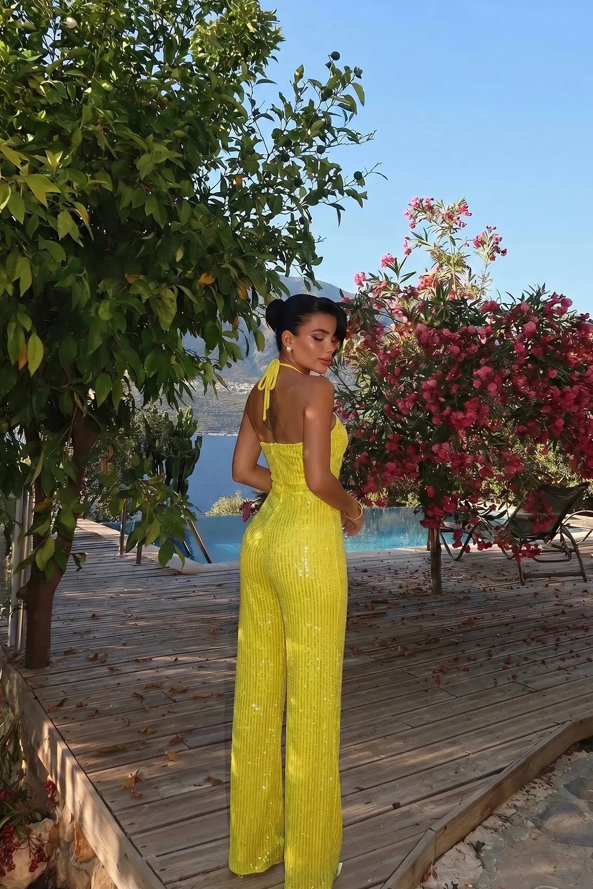 Sarı Simli Askılı Abiye Tulum