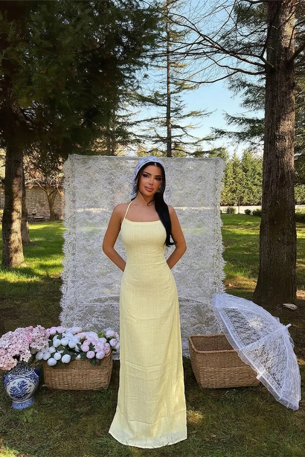 Sarı Halter Yaka Elbise