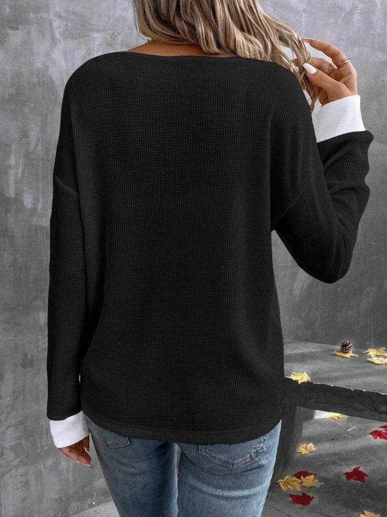 Kadın Uzun Kollu V Yakalı Waffle Bluz, 39067