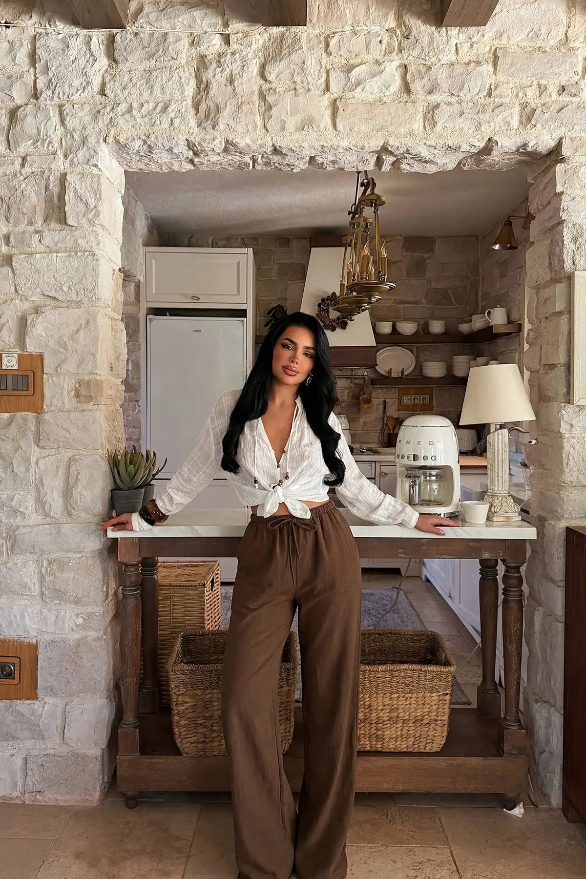 Kahverengi Önden Bağlamalı Pantolon