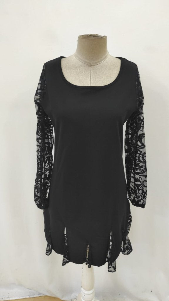 Women's Long Sleeve Crew Neck Imported Crepe Dress with Lace Trim on Cuffs and Hem, 31982