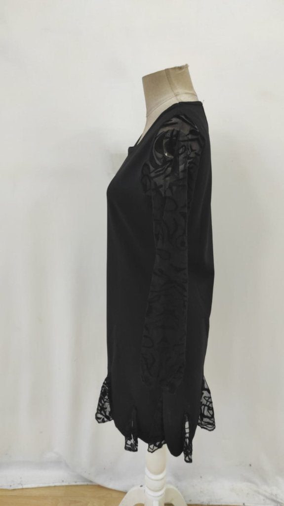 Women's Long Sleeve Crew Neck Imported Crepe Dress with Lace Trim on Cuffs and Hem, 31982