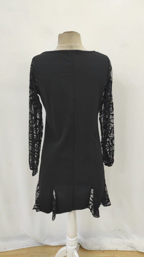 Women's Long Sleeve Crew Neck Imported Crepe Dress with Lace Trim on Cuffs and Hem, 31982