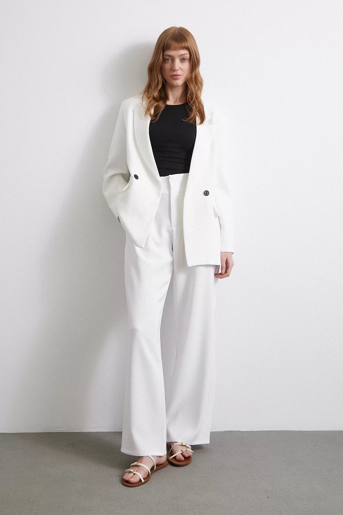 Bel Detaylı Wide Leg Pantolon - Ekru