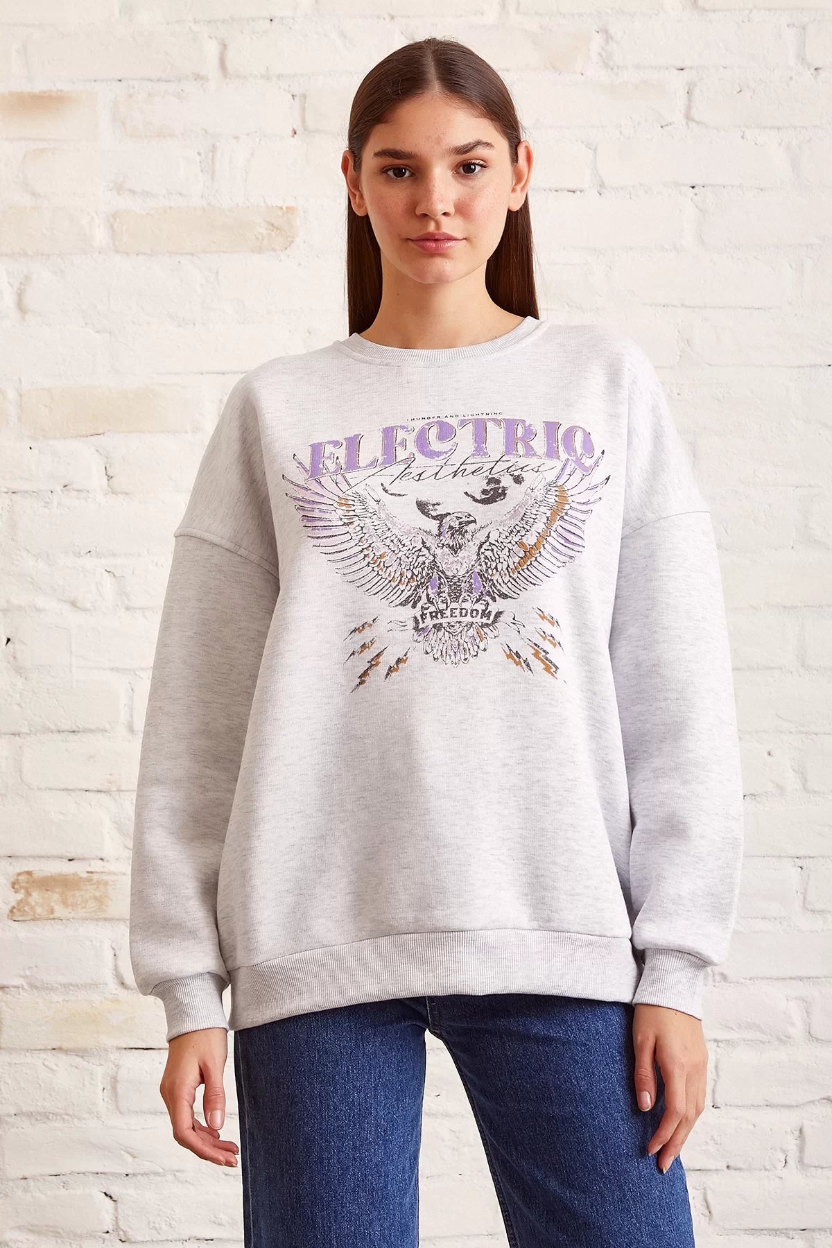 Bisiklet Yaka Baskılı Sweatshirt - Kar Melanj