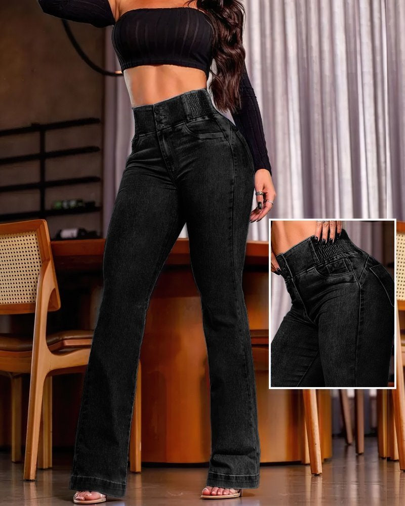 Kadın Yüksek Bel Yanları Lastik önü Düğmeli Kot Pantolon, 38943