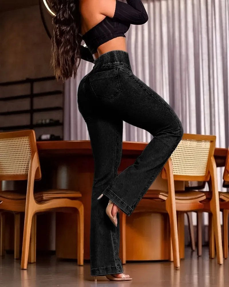 Kadın Yüksek Bel Yanları Lastik önü Düğmeli Kot Pantolon, 38943