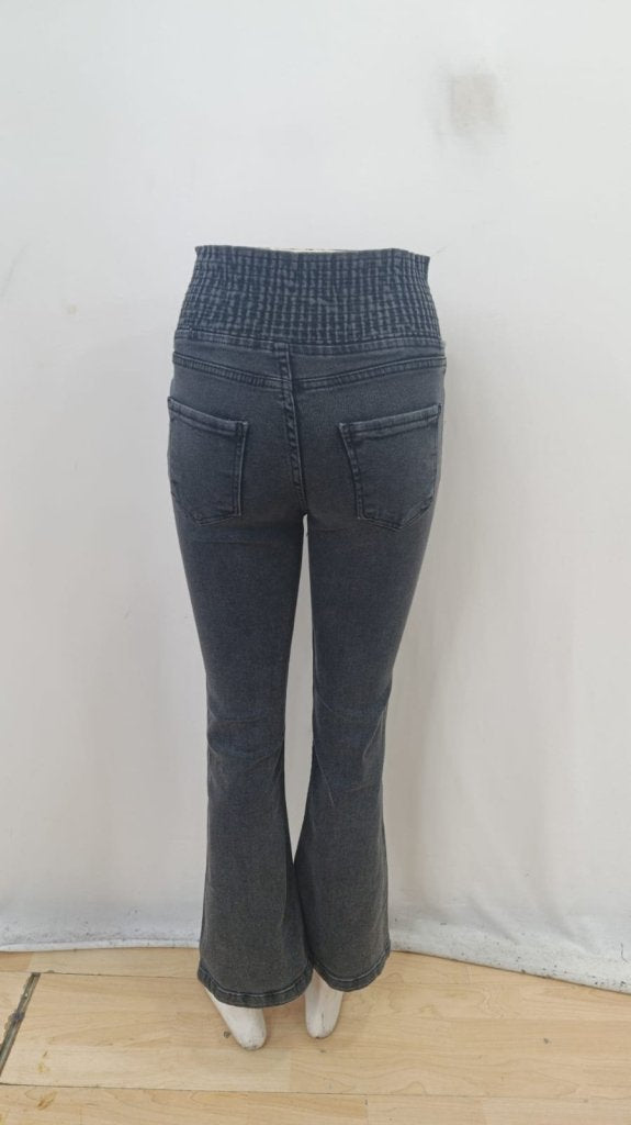 Kadın Yüksek Bel Yanları Lastik önü Düğmeli Kot Pantolon, 38943