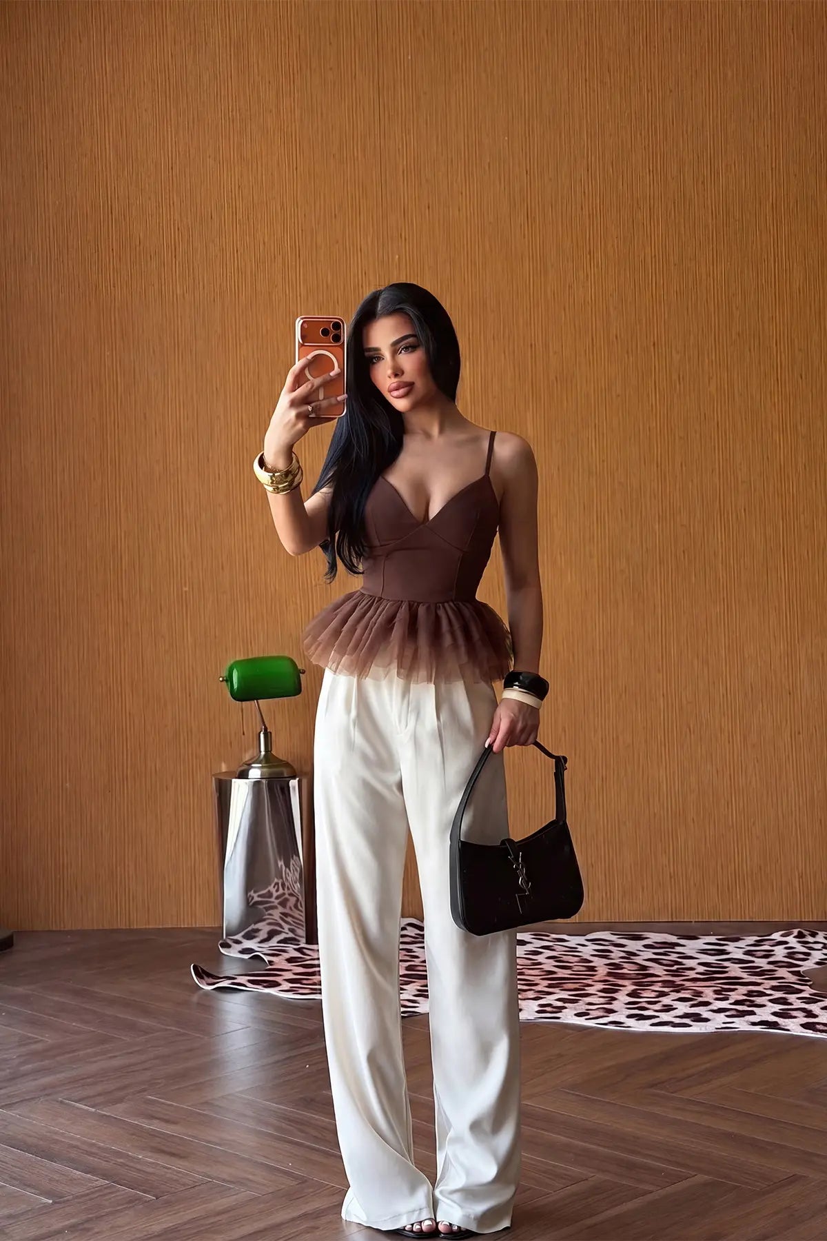 Kahverengi Tül Detay Crop Top