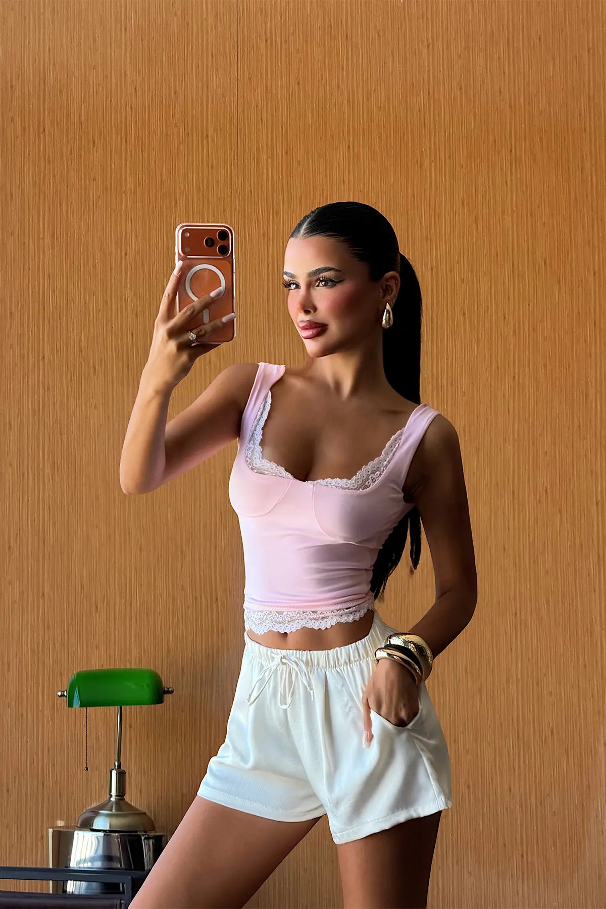 Pembe Dantel Detay Crop Top