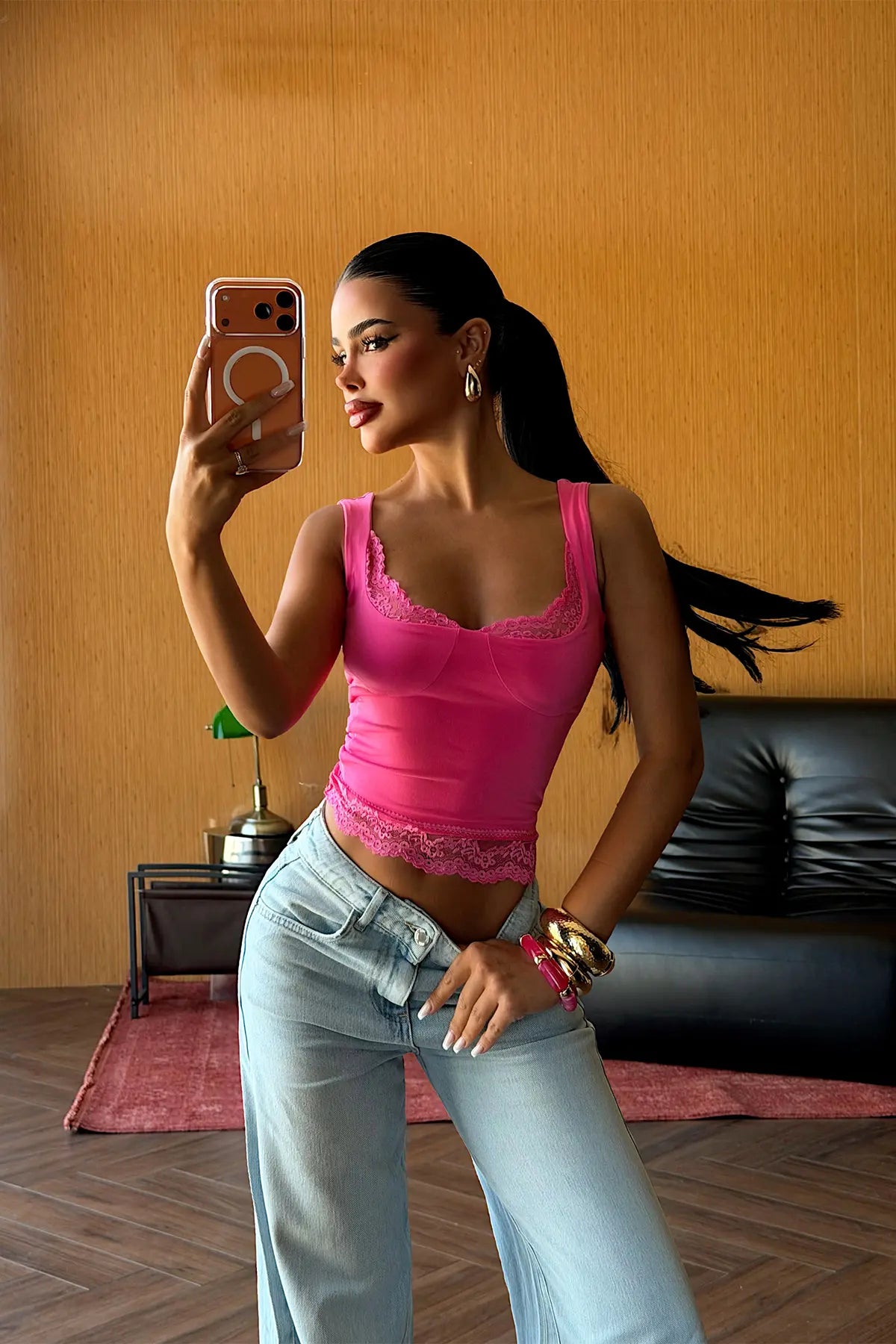 Fuşya Dantel Detay Crop Top