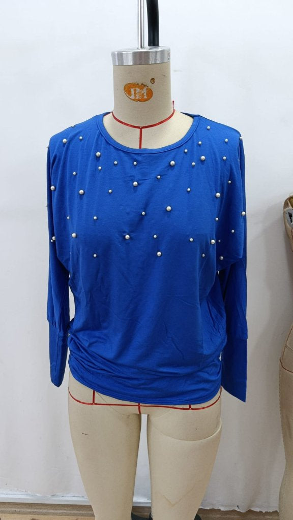 Women's Long Sleeve Round Neck Pearly Viscose Blouse, 28684