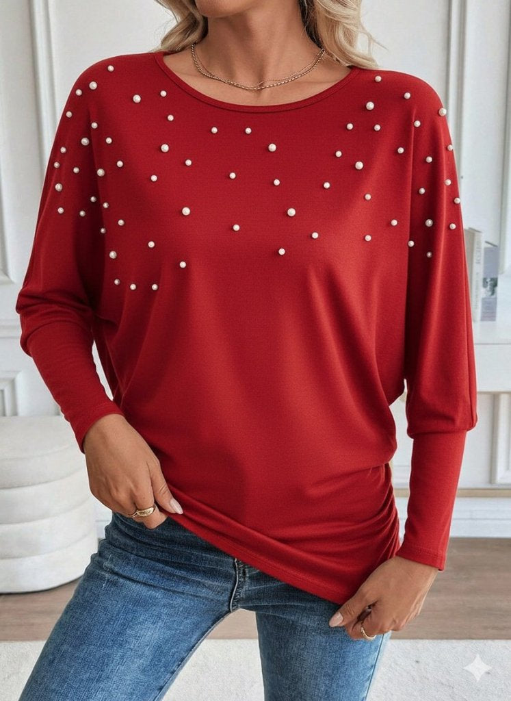 Women's Long Sleeve Round Neck Pearl Viscose Blouse, 28685