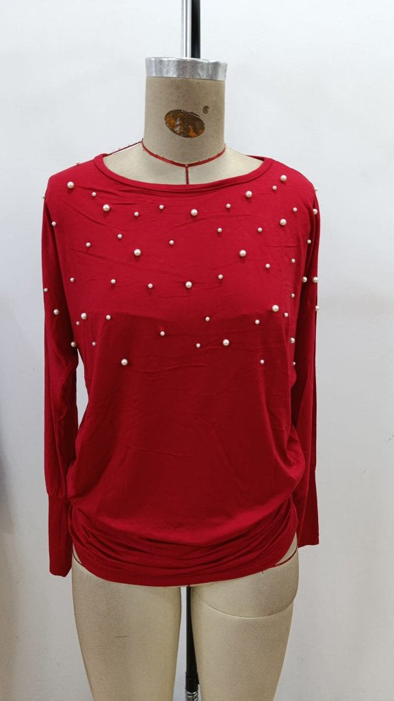 Women's Long Sleeve Round Neck Pearl Viscose Blouse, 28685