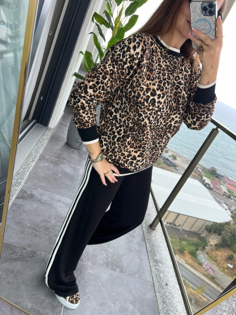 Kadın Uzun Kollu Bisiklet Yaka Leopar Desenli Iki Iplik Bluz Ve Viskon Iki Iplik Pantolon Ikili Takım , 29547
