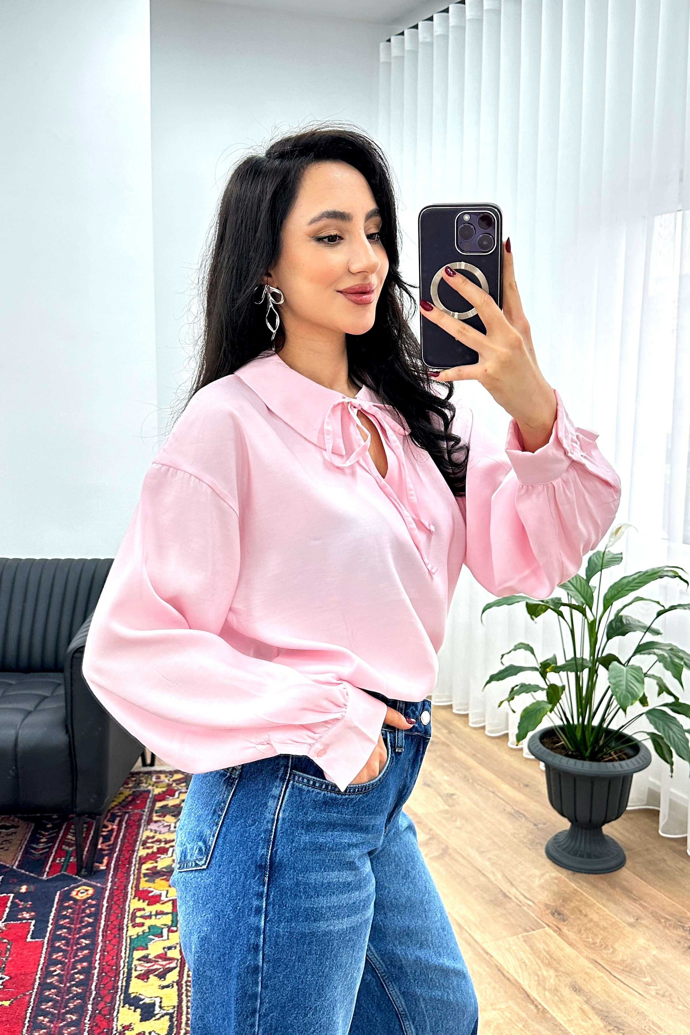Yaka Bağlamalı Dökümlü Pembe Toptan Bluz