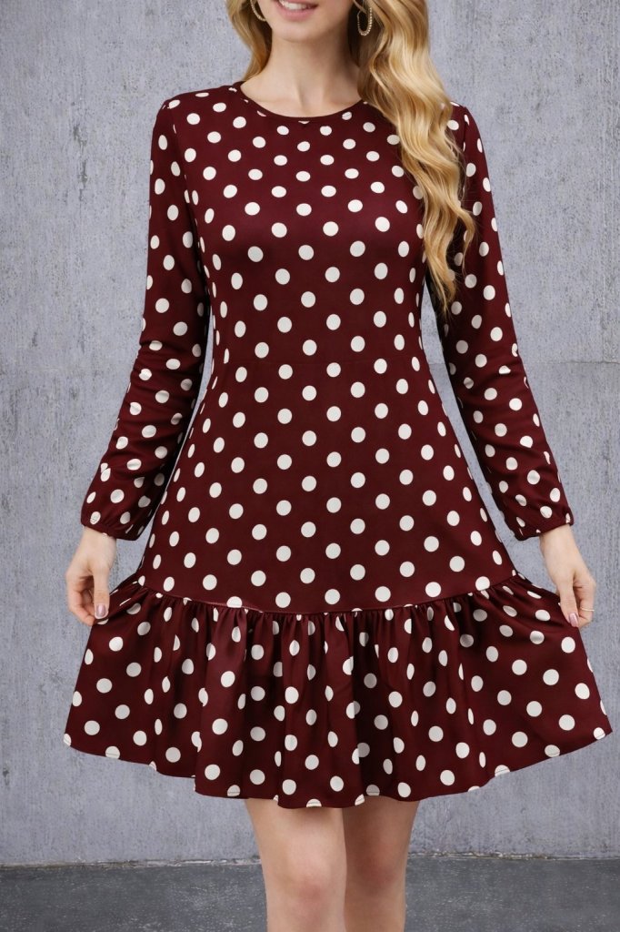 Women's Long Sleeve Crew Neck Ruffled Polka Dot Short Modal Dress, 31540