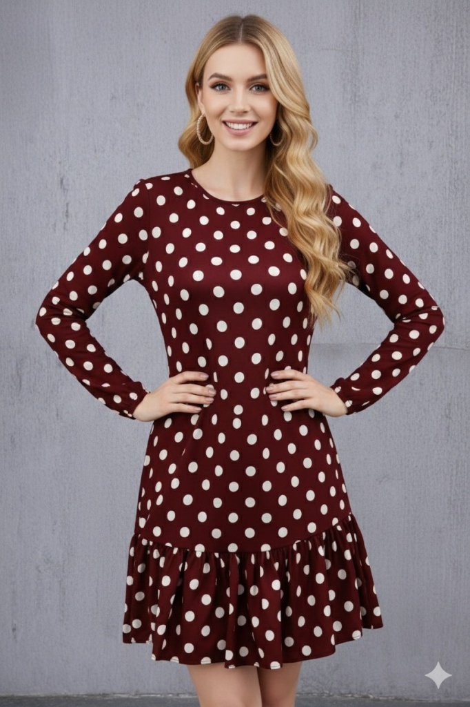 Women's Long Sleeve Crew Neck Ruffled Polka Dot Short Modal Dress, 31540