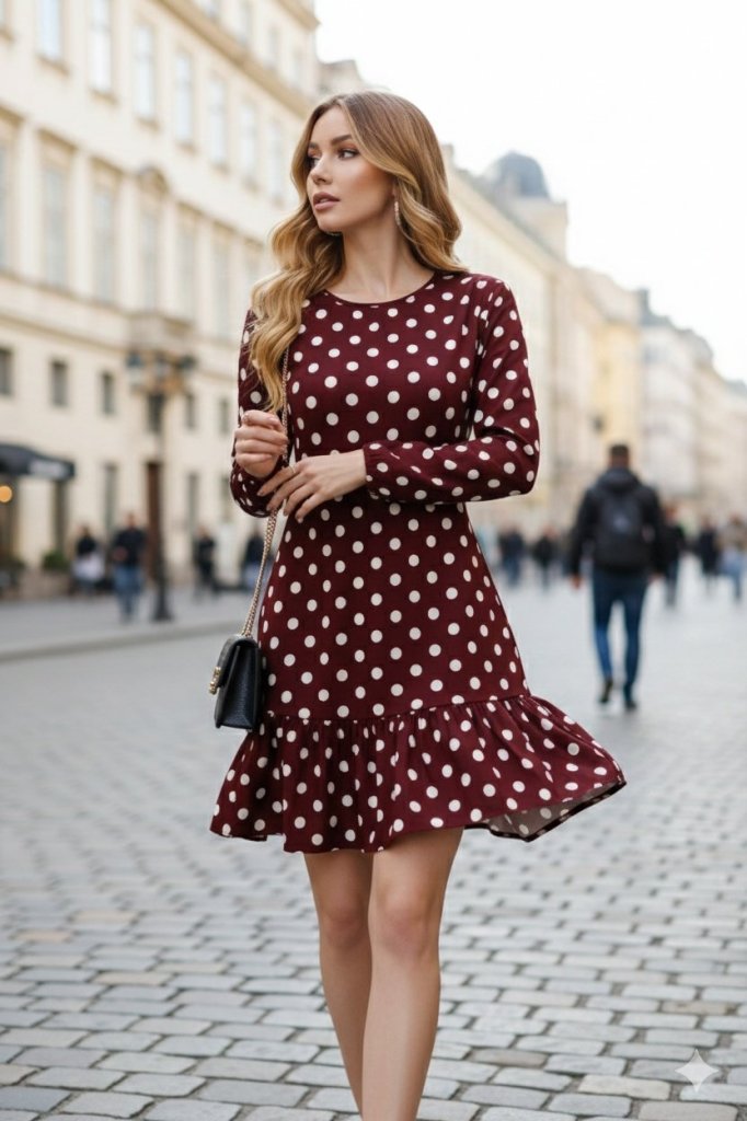 Women's Long Sleeve Crew Neck Ruffled Polka Dot Short Modal Dress, 31540