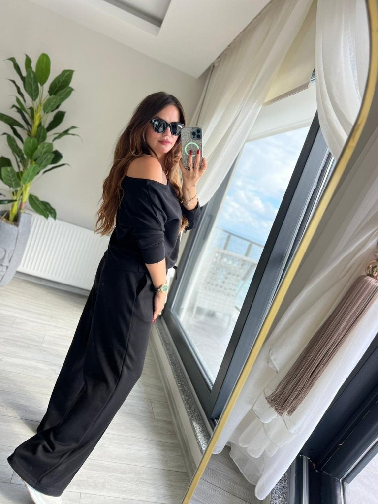 Kadın Uzun Kollu Tek Omuzdan Açık Modal Bluz Ve Pantolon Ikili Takım, 30059