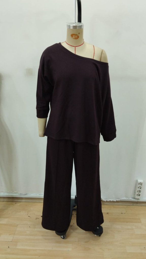 Kadın Uzun Kollu Tek Omuzdan Açık Modal Bluz Ve Pantolon Ikili Mürdüm Takım , 30058