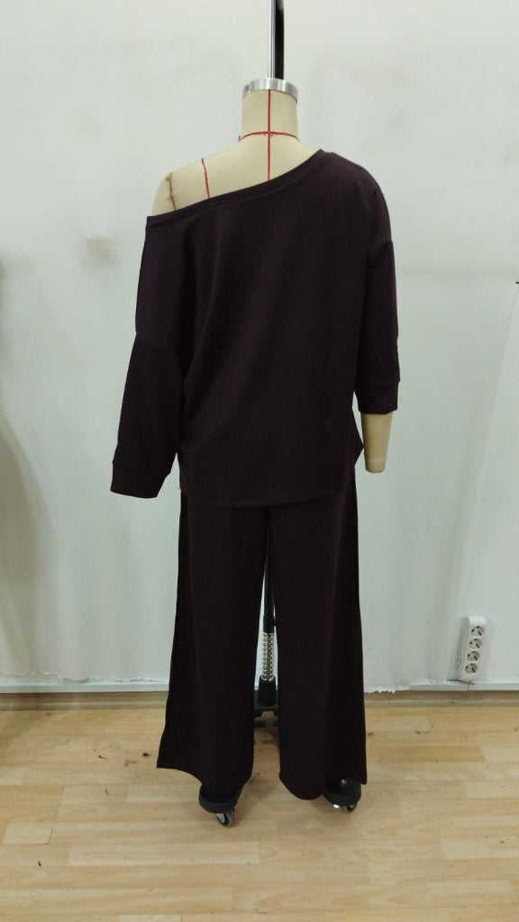 Kadın Uzun Kollu Tek Omuzdan Açık Modal Bluz Ve Pantolon Ikili Mürdüm Takım , 30058
