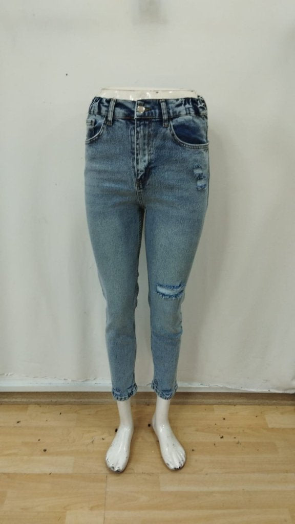 Kadın Açık Mavi Yırtık Mom Fit Kot Pantolon , 34854