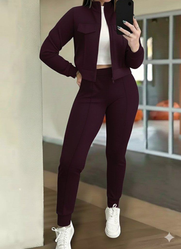Kadın Uzun Kollu önden Fermuarlı Kısa Modal Mor Ceket Ve Pantolon Ikili Takım , 29865