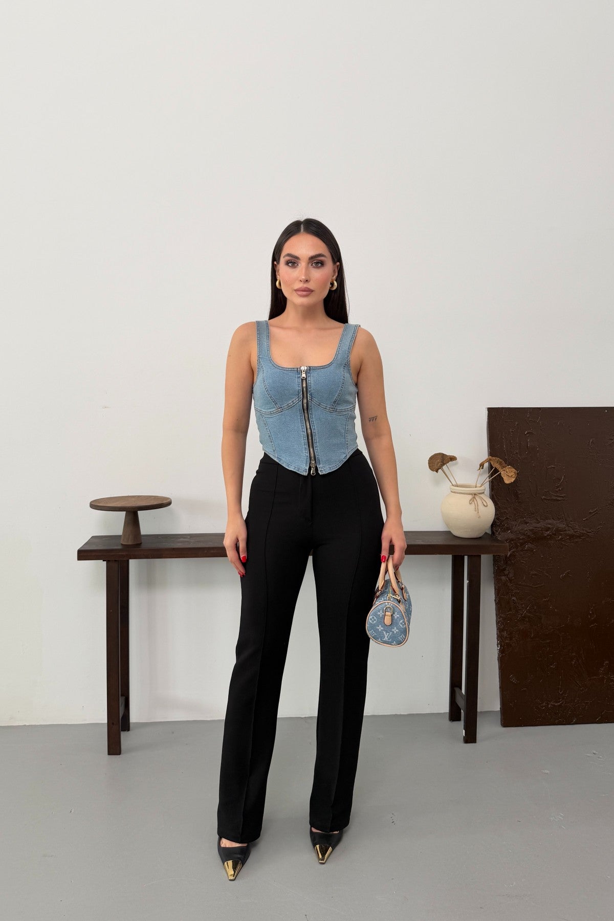 Fermuarlı Denim Büstiyer 411