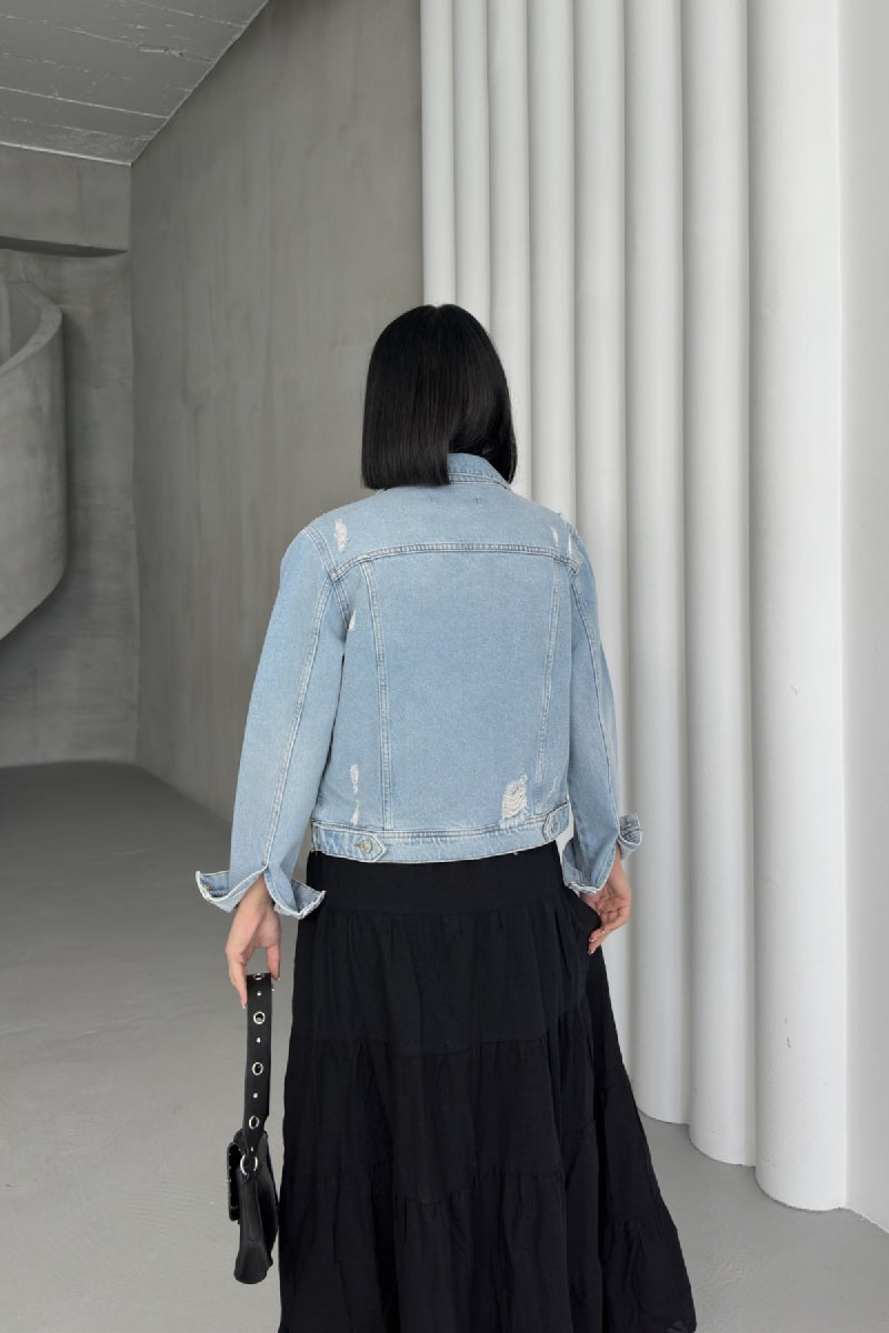 Kısa Kot Ceket 641 - Orta Mavi Kar Yıkama Tintli - (S-XL-6) - 2