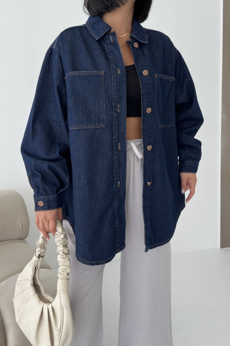 Düğmeli Oversize Kot Gömlek 6080 - Slaplı Lacivert - (S+L+3) - 2