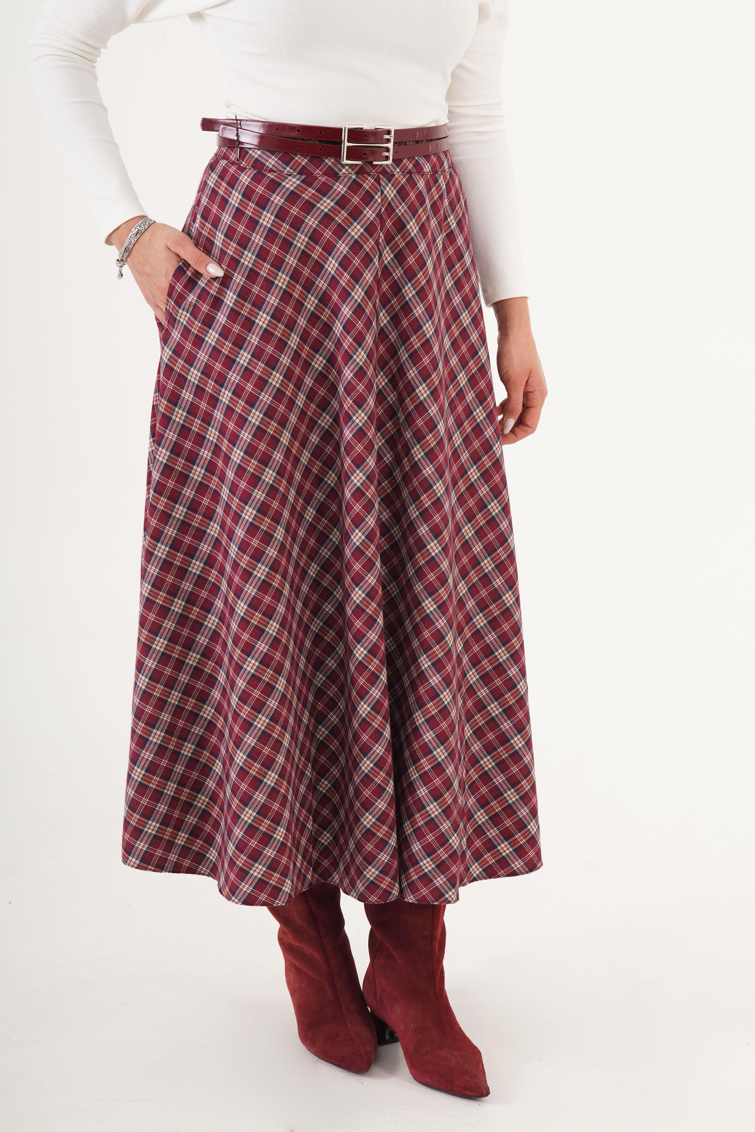 Volan Kesim Bordo Ekose Uzun Toptan Etek Bordo S