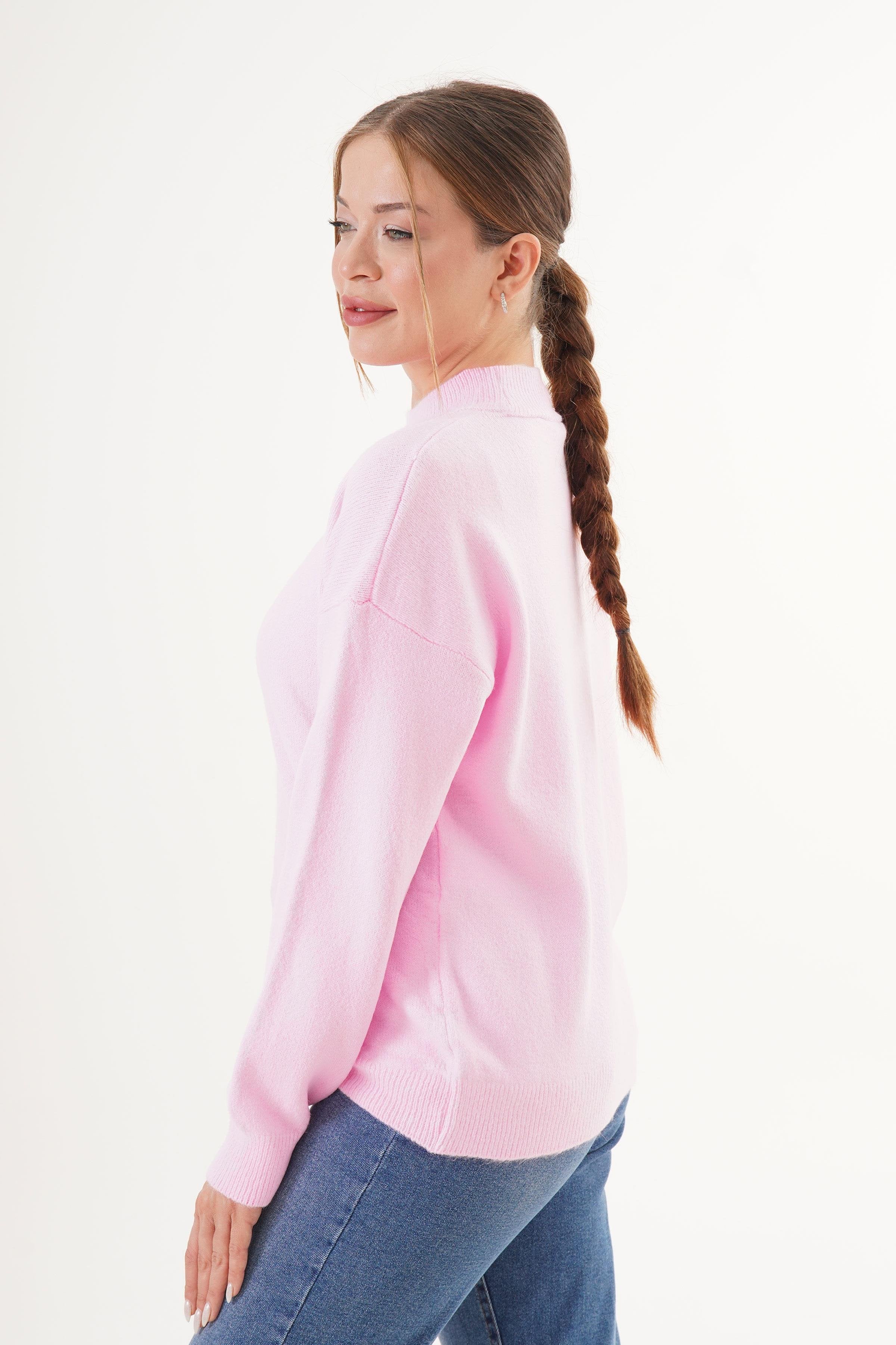 Dik Yaka Trend Toptan Pembe Triko Kazak