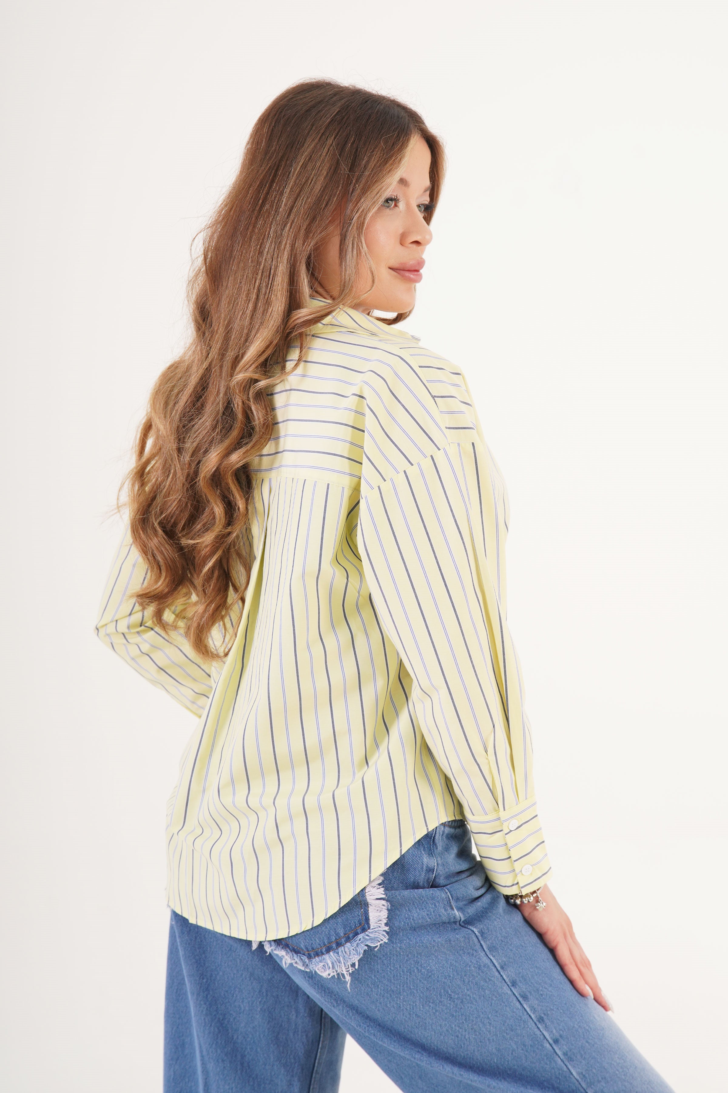 Çizgili Sırt Yırtmaçlı Toptan Sarı Gömlek