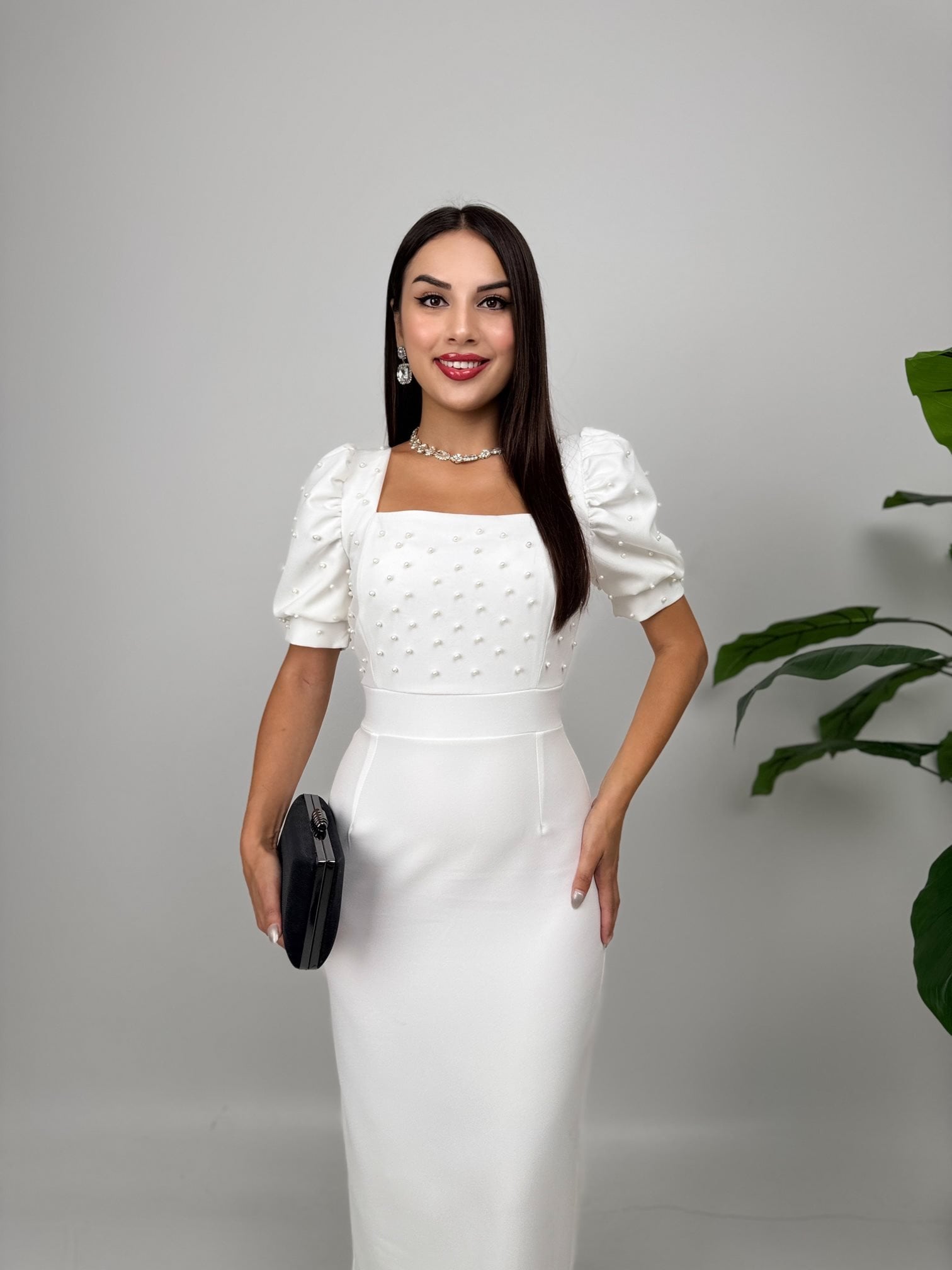 3005 İNCİ DETAYLI ELBİSE