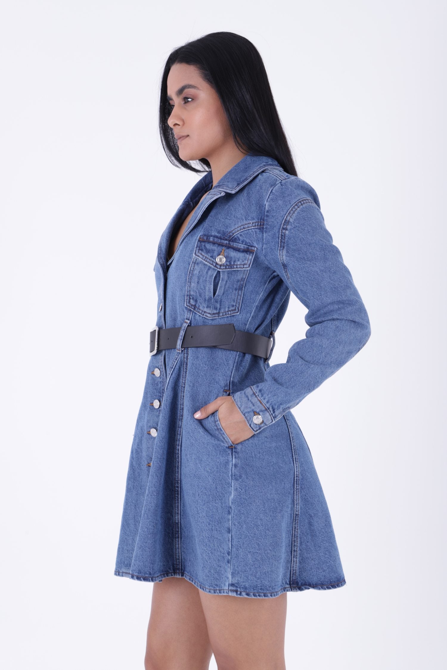 Düğmeli Cepli Kot Elbise - Düz Orta Mavi Rins - (S-XL-6) - 4