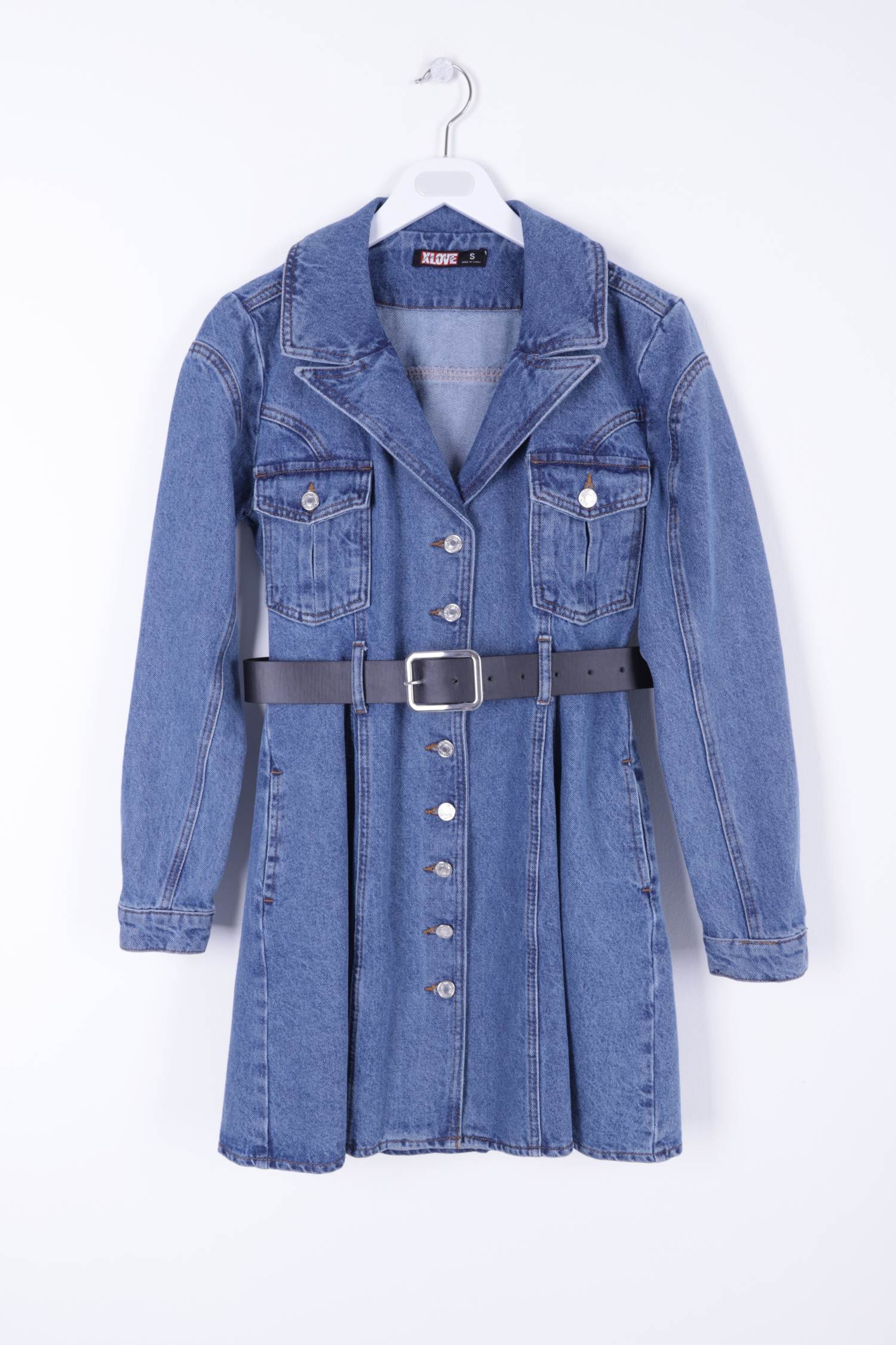 Düğmeli Cepli Kot Elbise - Düz Orta Mavi Rins - (S-XL-6) - 5