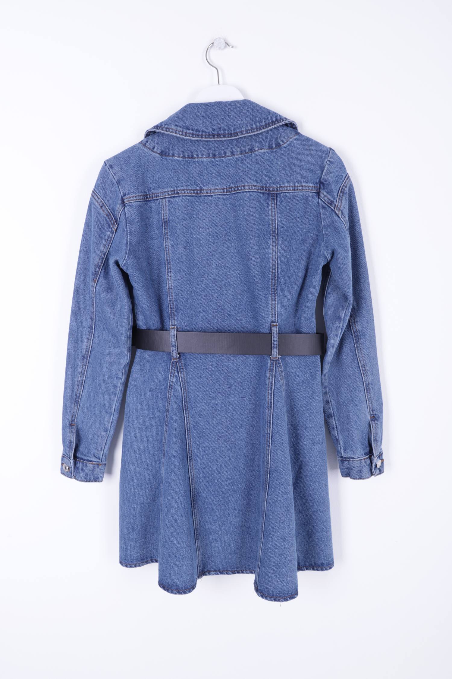 Düğmeli Cepli Kot Elbise - Düz Orta Mavi Rins - (S-XL-6) - 6