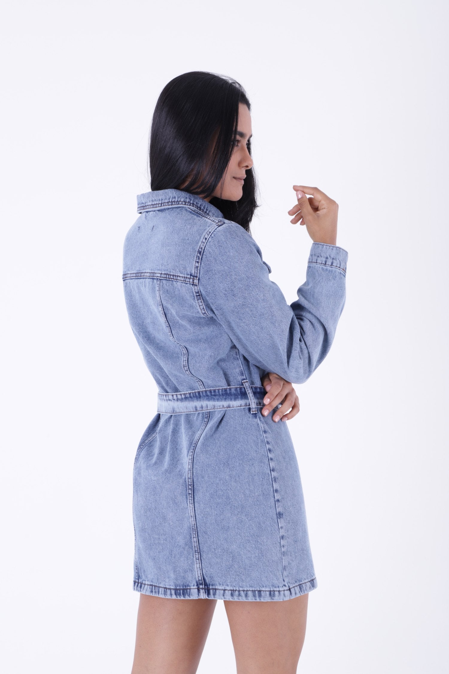 Kemerli Çıtçıtlı Kot Elbise - Orta Mavi Kar Yıkama Tintli - (S-XL-6) - 5