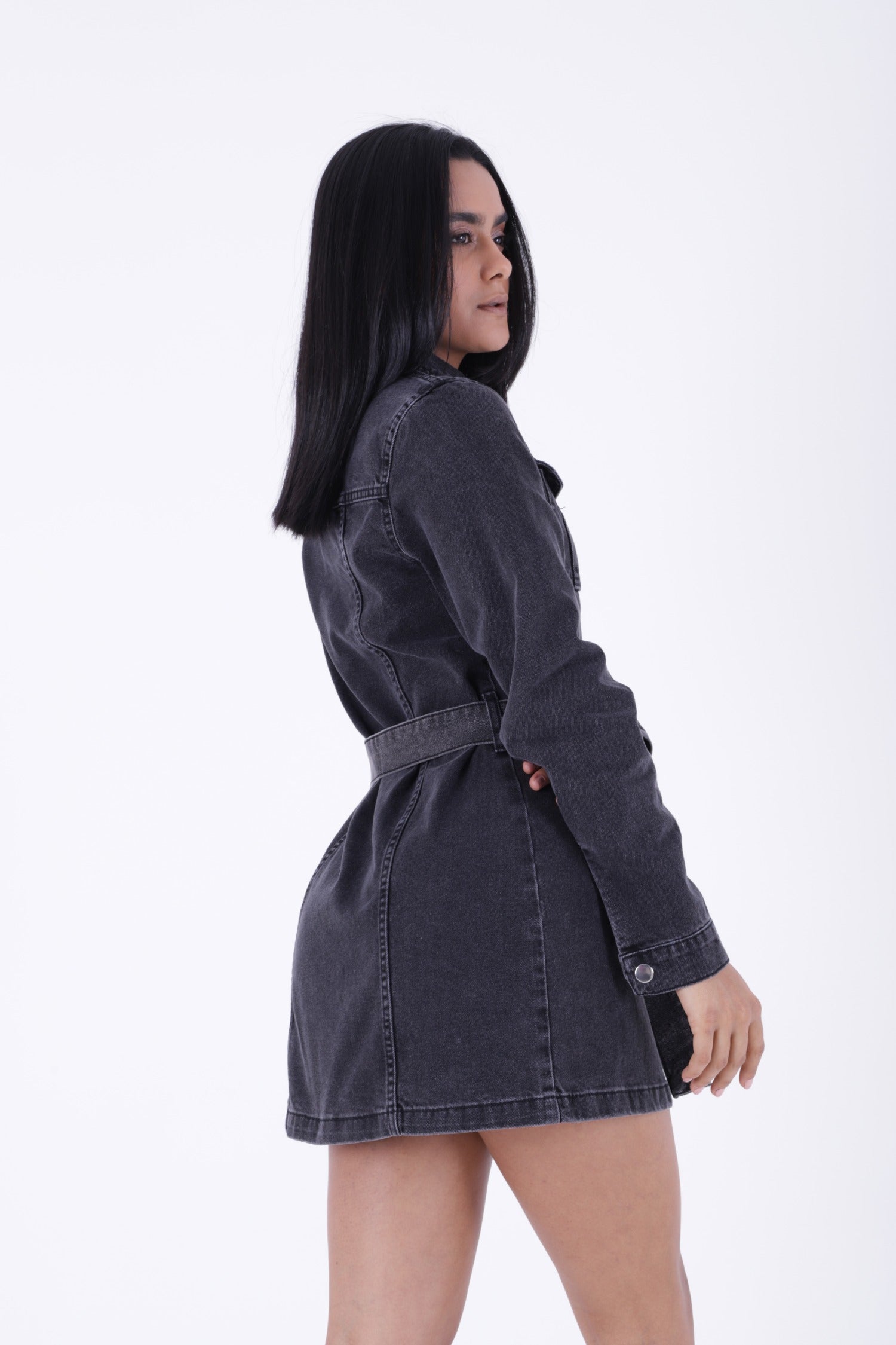 Kemerli Çıtçıtlı Kot Elbise - Kar Yıkama Antrasit - (S-XL-6) - 3