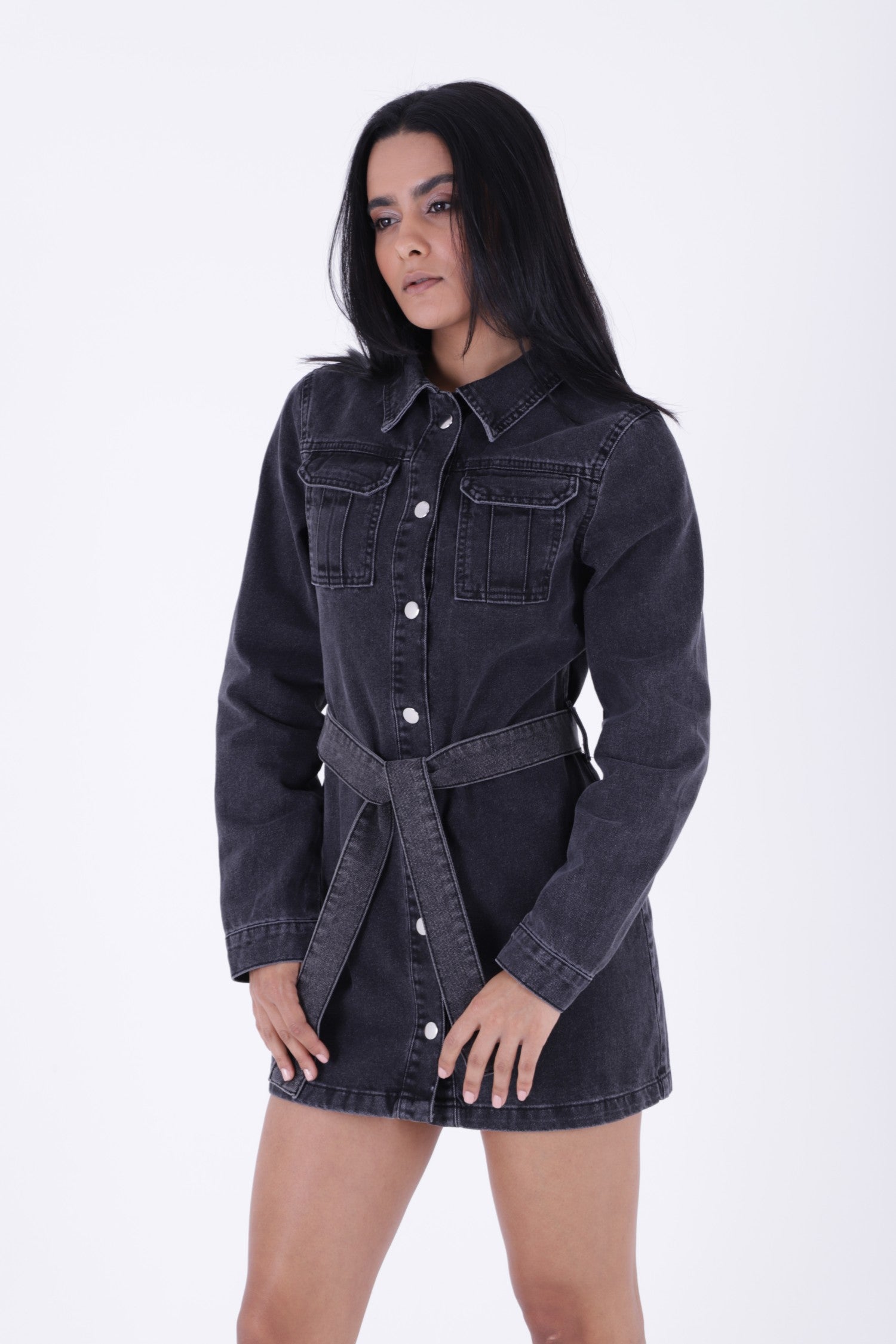 Kemerli Çıtçıtlı Kot Elbise - Kar Yıkama Antrasit - (S-XL-6) - 4