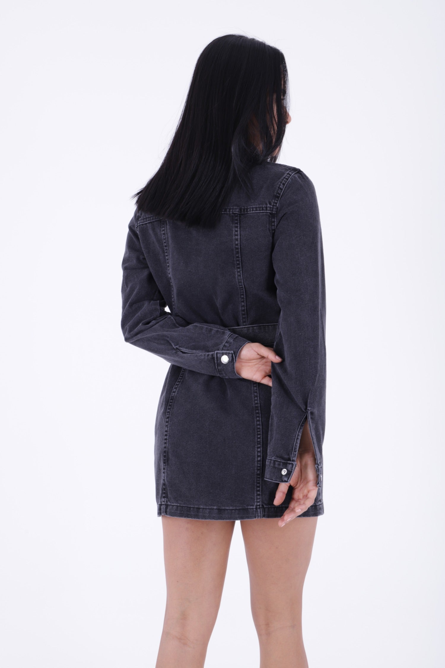 Kemerli Çıtçıtlı Kot Elbise - Kar Yıkama Antrasit - (S-XL-6) - 5