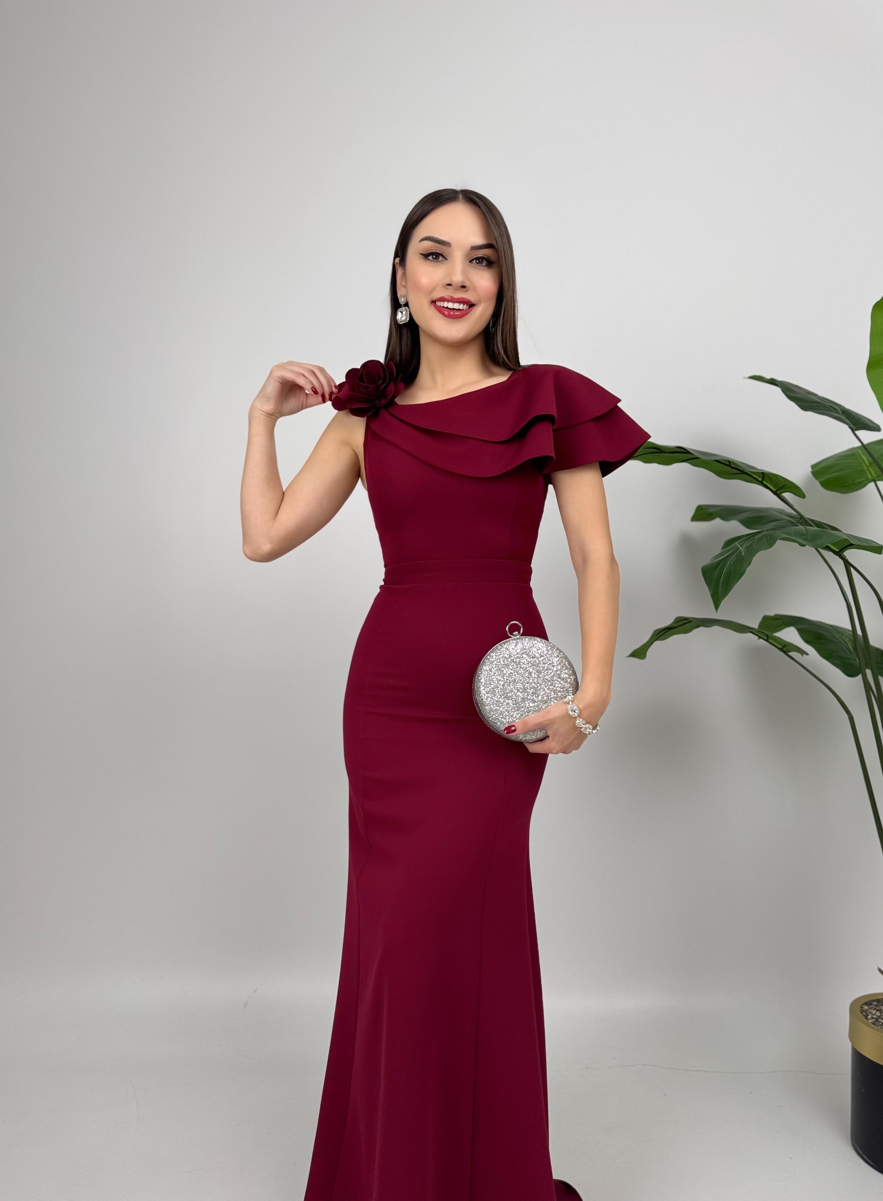 3025 OMUZ FIRFIRLI GÜLLÜ ELBİSE