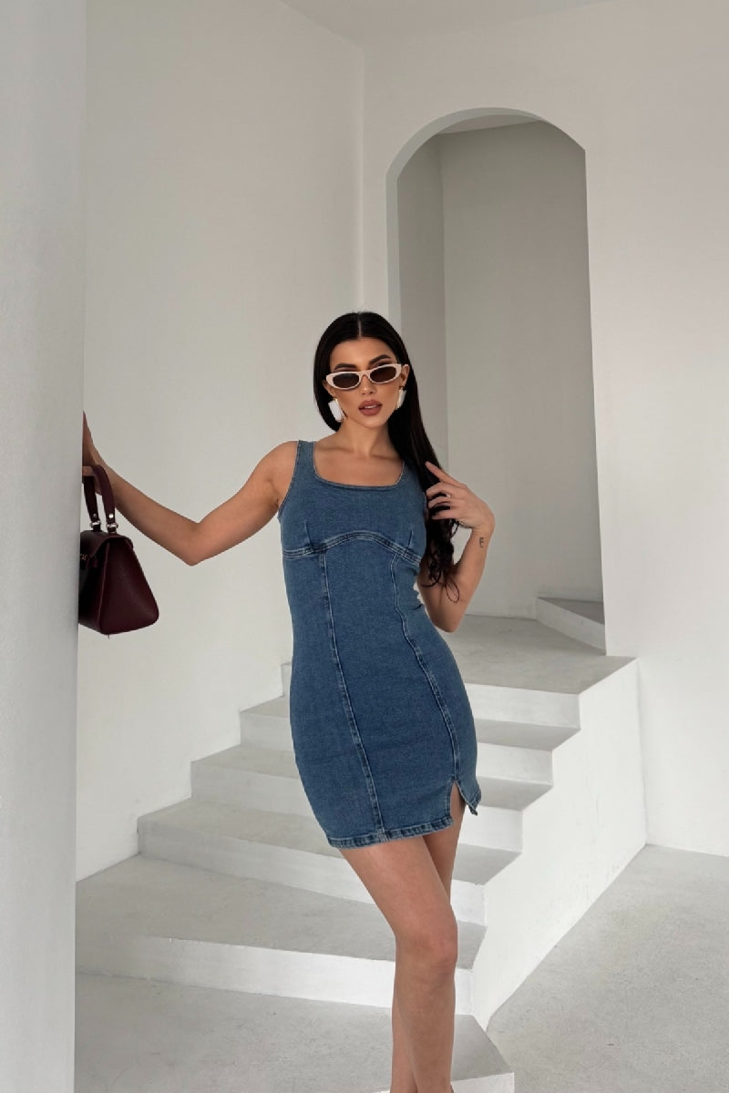 Fermuarlı Mini Kot Elbise - Düz Orta Mavi Rins - (XS-L) - 2