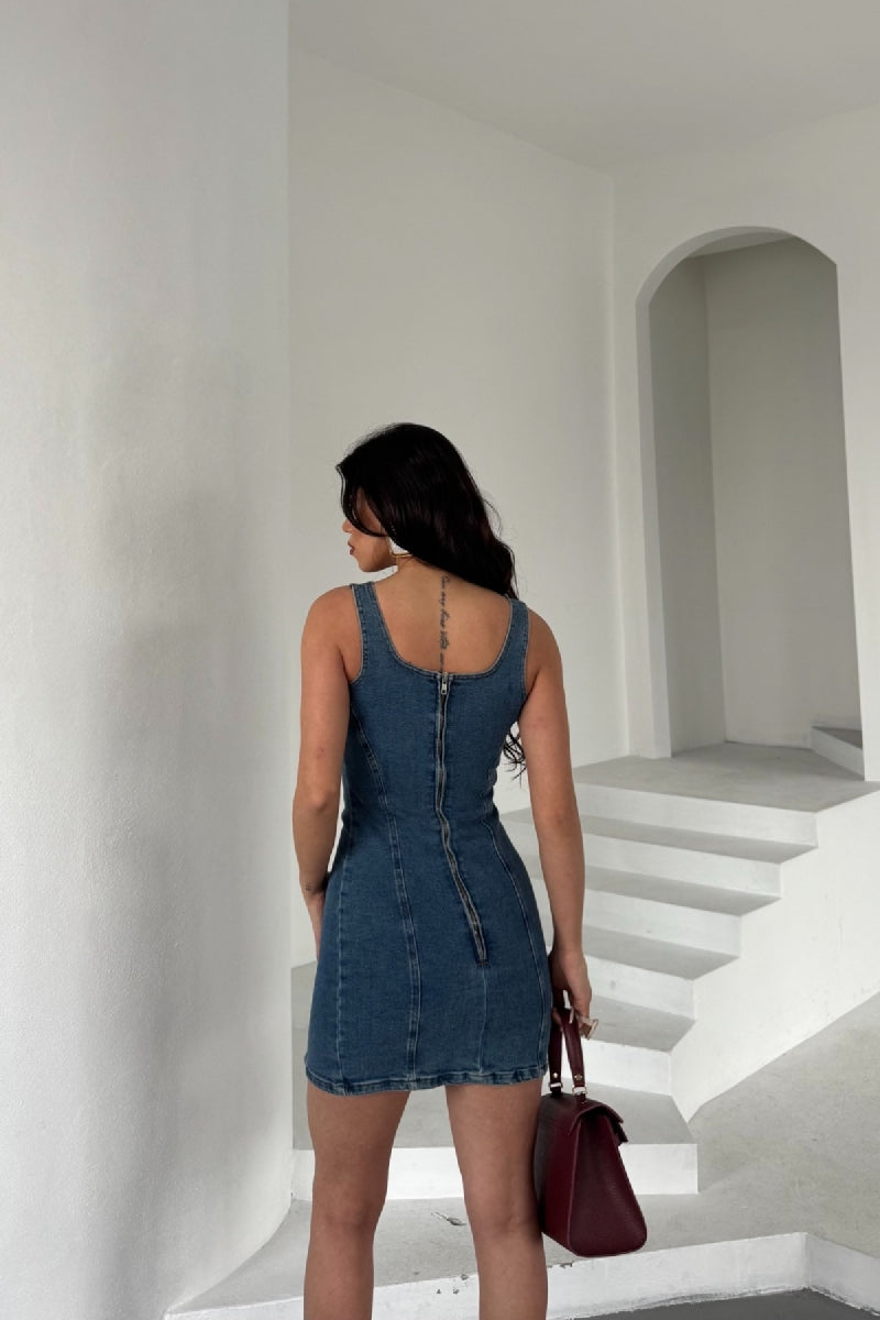 Fermuarlı Mini Kot Elbise - Düz Orta Mavi Rins - (XS-L) - 3