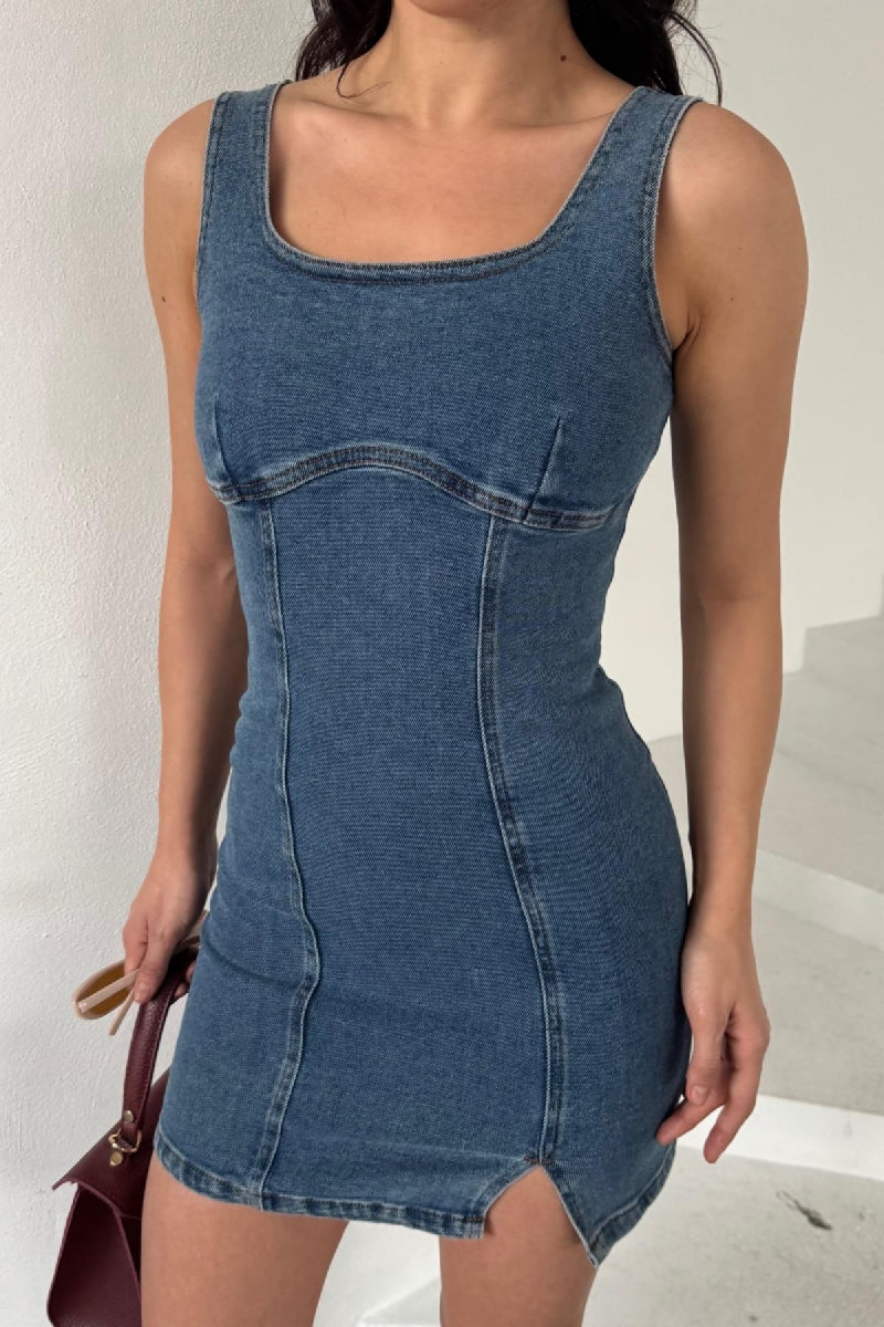 Fermuarlı Mini Kot Elbise - Düz Orta Mavi Rins - (XS-L) - 4